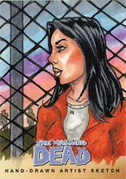 Hand-drawn sketch card of woman in red jacket by Steve Lydic from Trading Cards Series