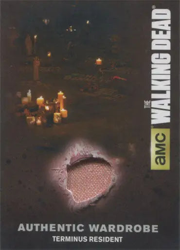 Torn fabric swatch revealing pinkish-red in Walking Dead Terminus Resident trading card