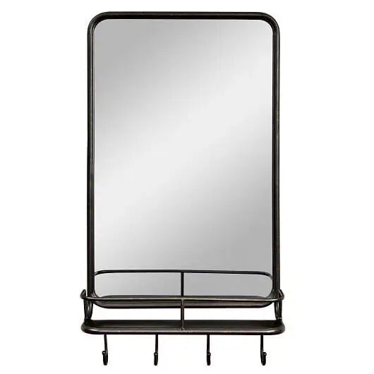 Wall Bathroom Mirror with Shelf Hooks Sturdy Metal Frame for Bedroom Living Room - Color:Black - Wall Mirrors