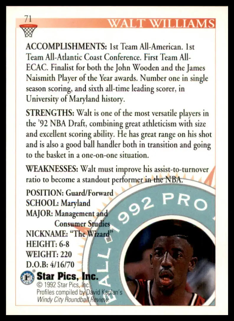Walt Williams 1992 Star Pics basketball card featuring Maryland Terrapins player