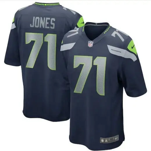 Navy blue Seattle Seahawks Walter Jones game jersey with number 71 and JONES on back