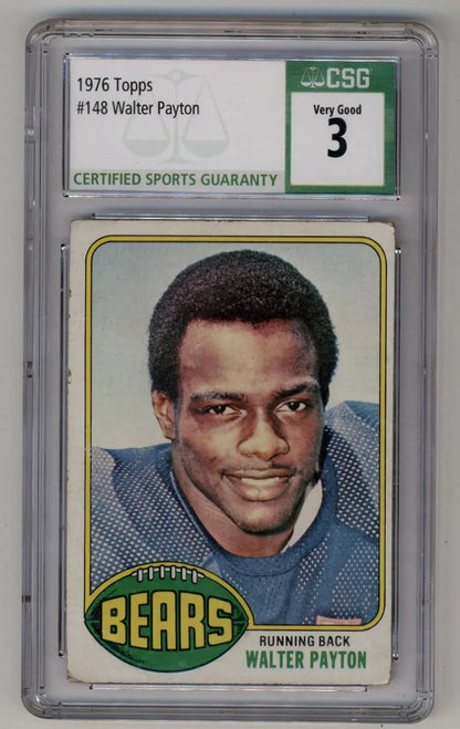 Walter Payton 1976 Topps rookie card graded CSG 3 in protective case for collectors
