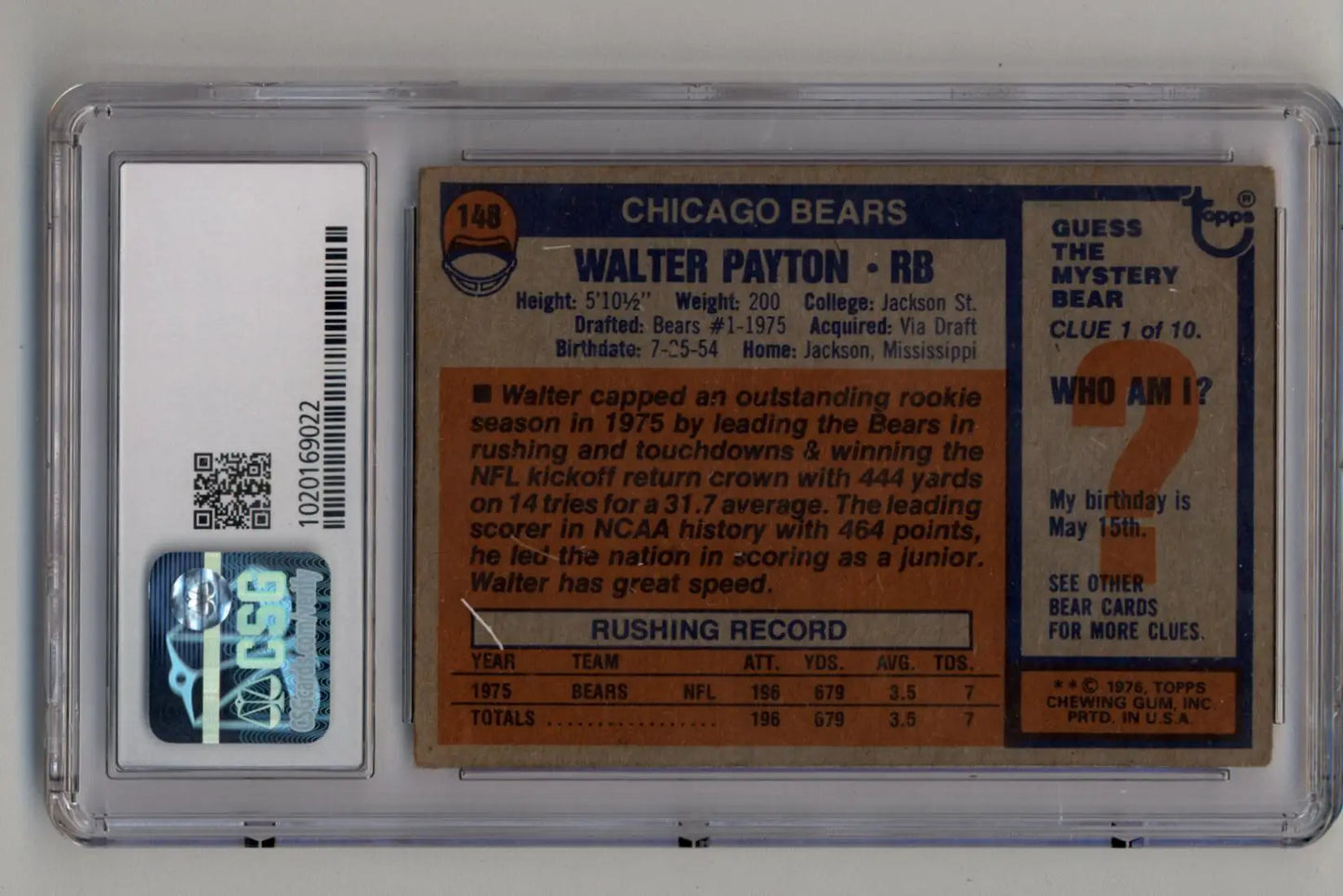 Vintage Walter Payton trading card in protective case with holographic authentication