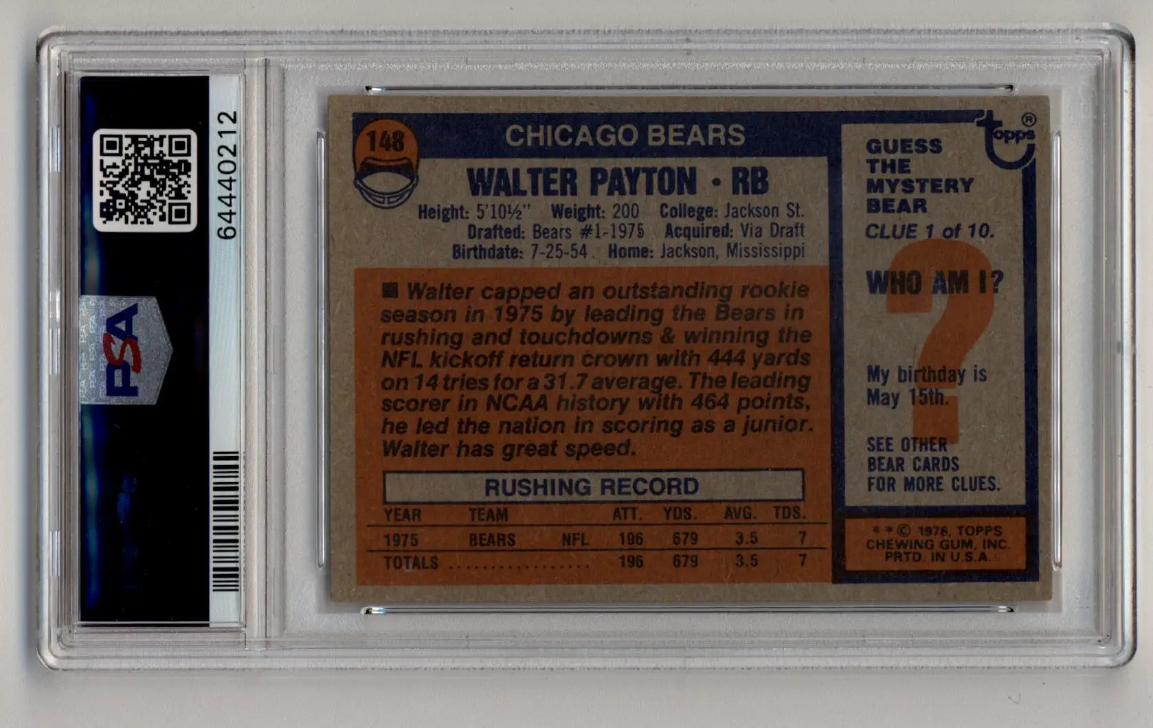 Walter Payton 1976 Topps rookie card PSA 4 good excellent collectible image