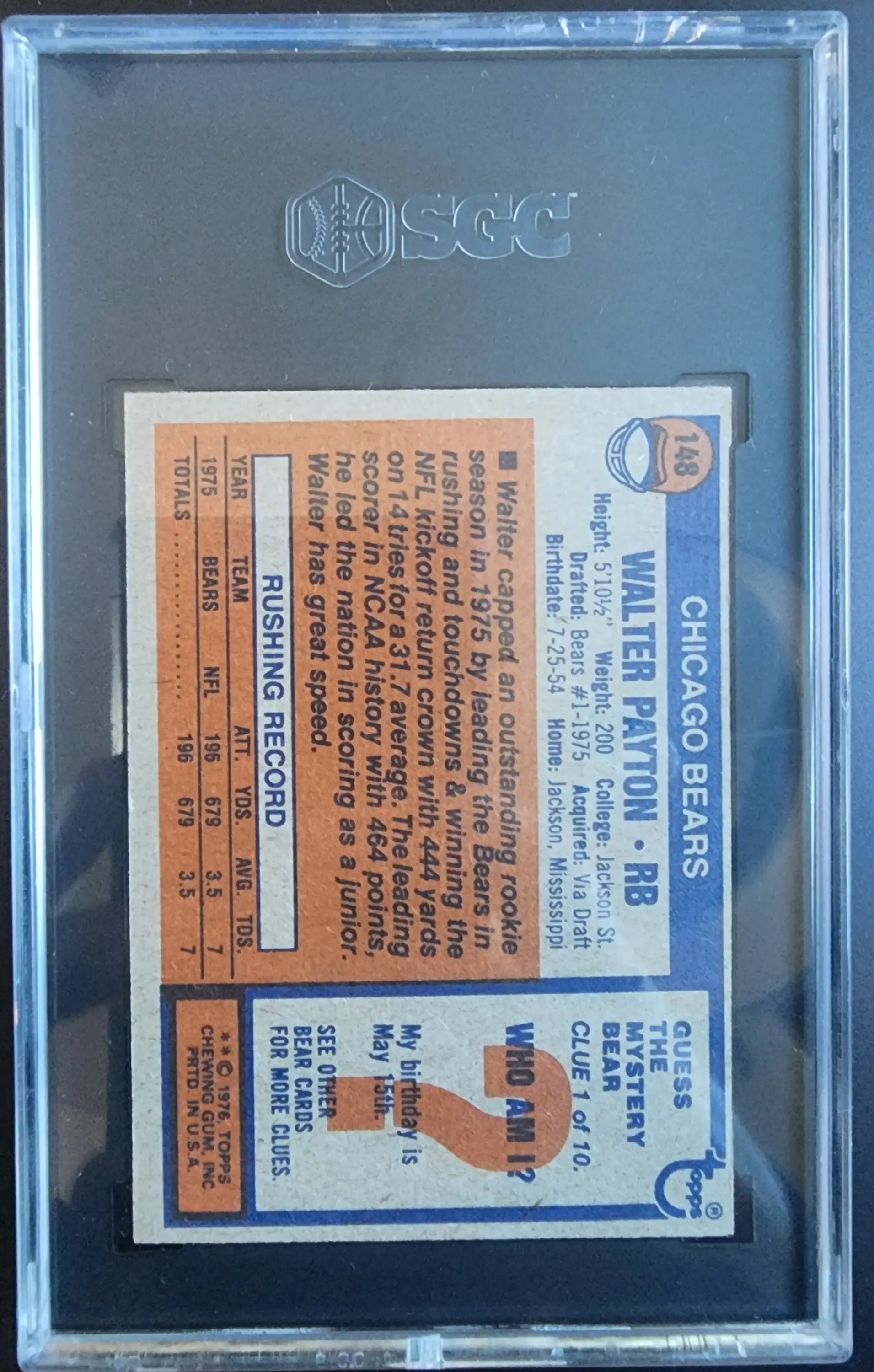 Walter Payton 1976 Topps #148 baseball card in protective case, showcasing statistics