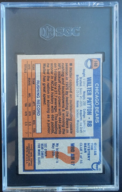 Walter Payton 1976 Topps #148 baseball card in protective case, showcasing statistics