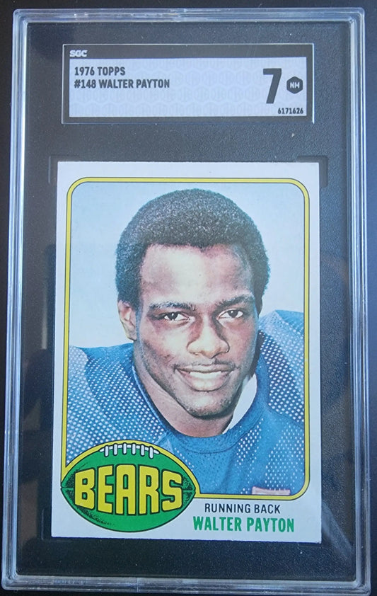 Graded 1976 Topps Walter Payton trading card in a protective case rated SGC 7 Near Mint