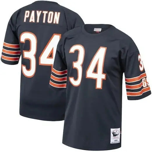 Navy blue Walter Payton Chicago Bears 1985 throwback jersey with orange and white stripes