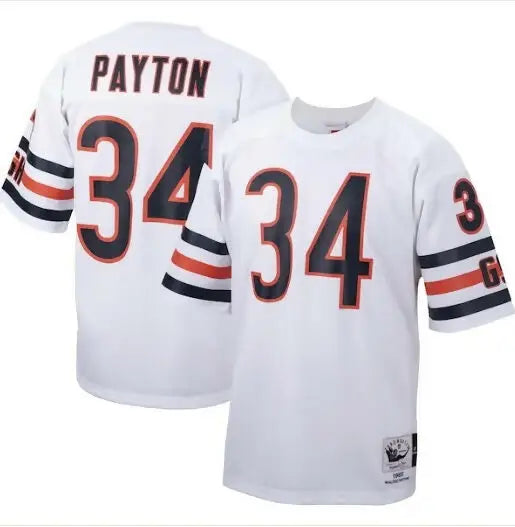 White Walter Payton Chicago Bears 1985 replica football jersey displayed in product image
