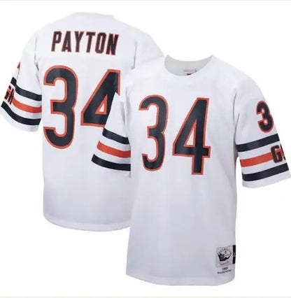 White Walter Payton Chicago Bears 1985 replica football jersey displayed in product image
