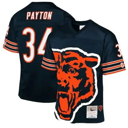 Navy blue Walter Payton Chicago Bears 1985 throwback football jersey with orange and white accents