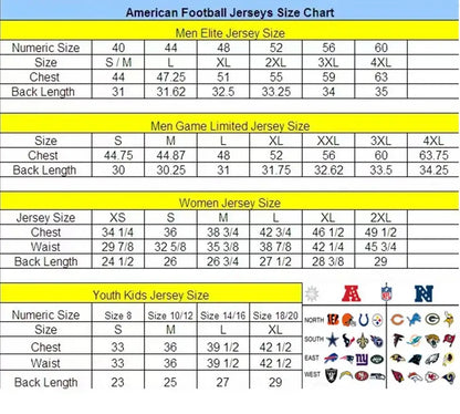 American football jersey size chart for men women and youth displayed with Walter Payton Bears jersey