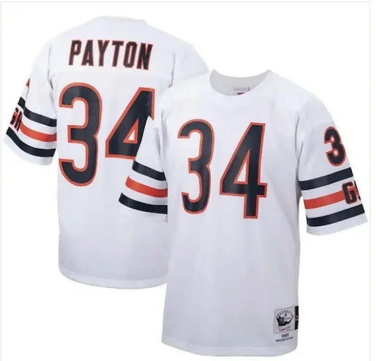 White Walter Payton Chicago Bears 1985 retired player replica jersey with PAYTON 34 on back
