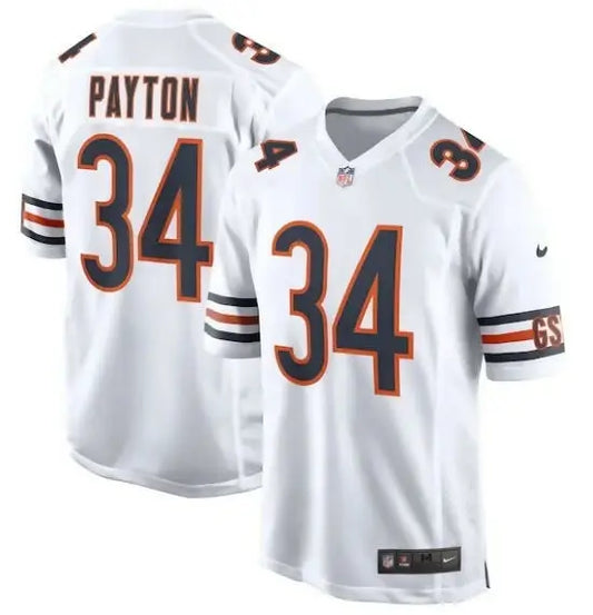 White Walter Payton Chicago Bears Nike retired player away game jersey with navy blue PAYTON and number 34 with orange trim