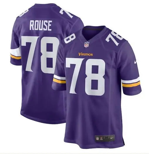 Purple Walter Rouse Minnesota Vikings Nike game jersey with white and gold striped sleeves