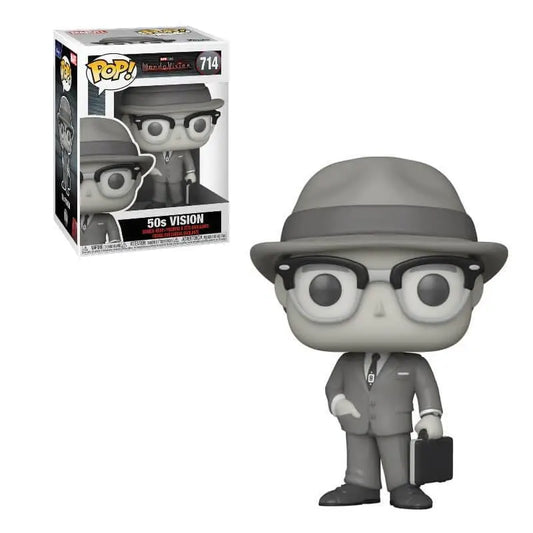 Black and white Funko Pop of Vision 50s wearing a hat and glasses, carrying a briefcase