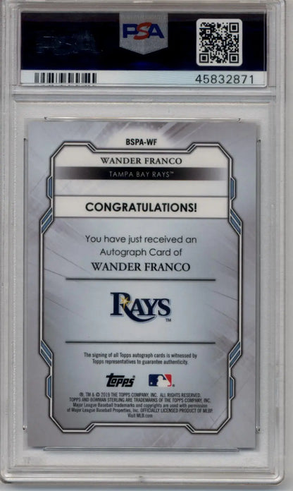 PSA-graded baseball card back of Wander Franco 2019 Bowman Sterling Prospect Wave Auto