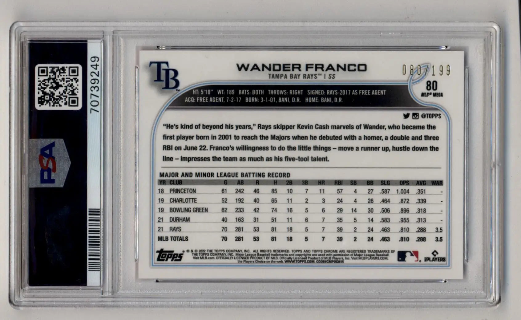 Wander Franco 2022 Topps Chrome Lite Pink #80 in protective case showcasing stats