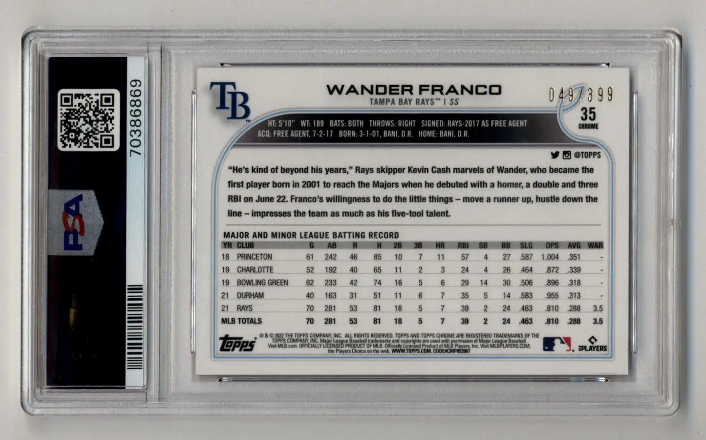 Wander Franco 2022 Topps Chrome Magenta Refractor 049/399 in protective case