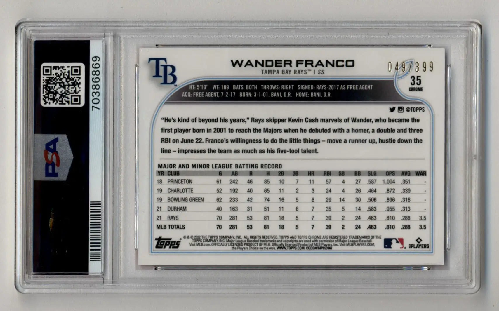 Wander Franco 2022 Topps Chrome Magenta Refractor 049/399 in protective case