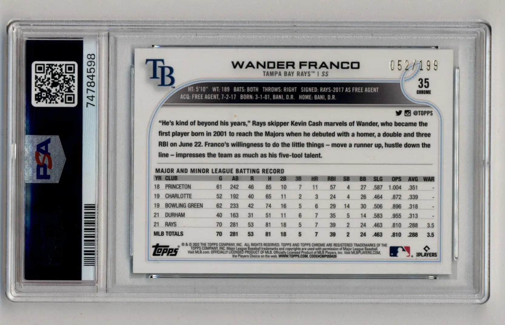 Wander Franco 2022 Topps Chrome Sonic Baseball Card in PSA 10 Gem Mint Case