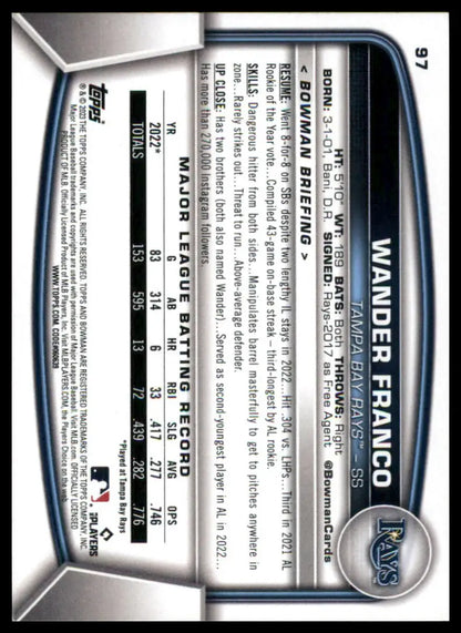 Wander Franco baseball card from 2023 Bowman Tampa Bay Rays product display
