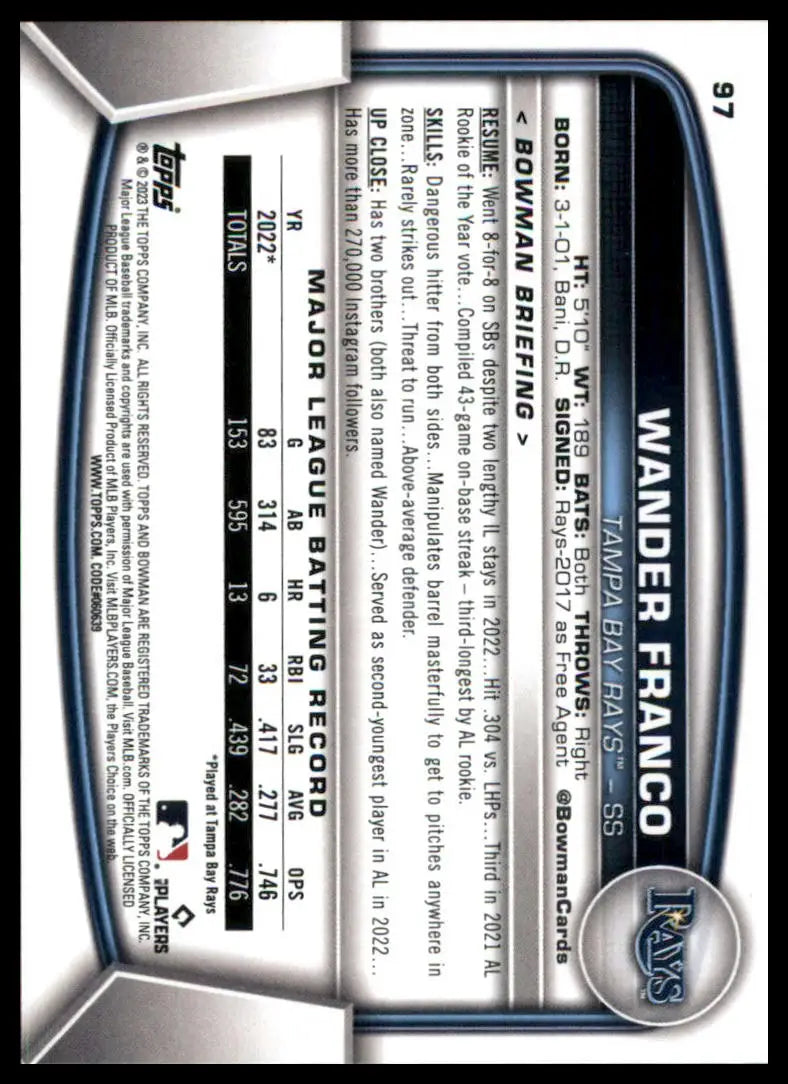 Baseball card back featuring Wander Franco from 2023 Bowman Tampa Bay Rays