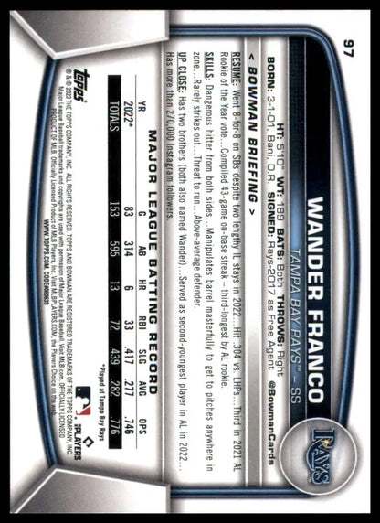 Baseball card back featuring Wander Franco from 2023 Bowman Tampa Bay Rays