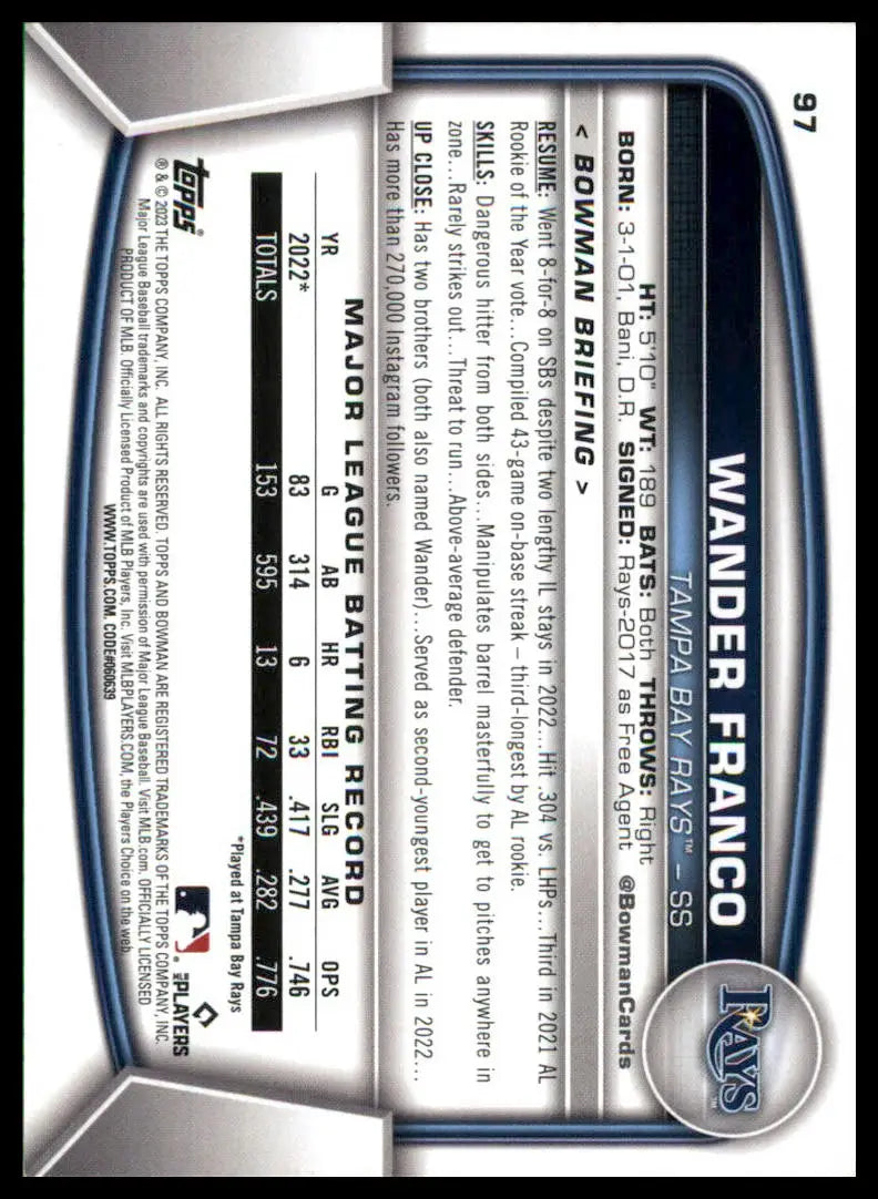 Wander Franco baseball card from 2023 Bowman series featuring Tampa Bay Rays player