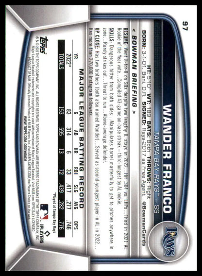 Wander Franco baseball card from 2023 Bowman series featuring Tampa Bay Rays player