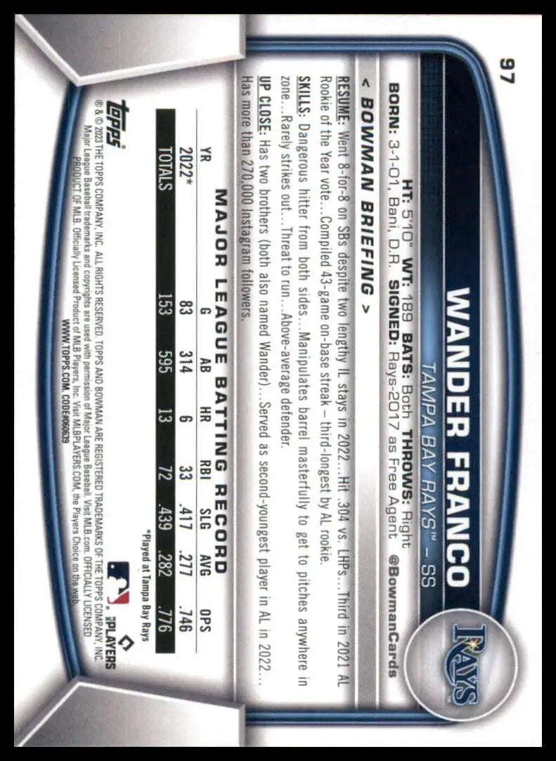 Wander Franco 2023 Bowman baseball card featuring Tampa Bay Rays player for collectors