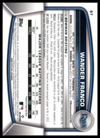 Wander Franco 2023 Bowman baseball card featuring Tampa Bay Rays player for collectors