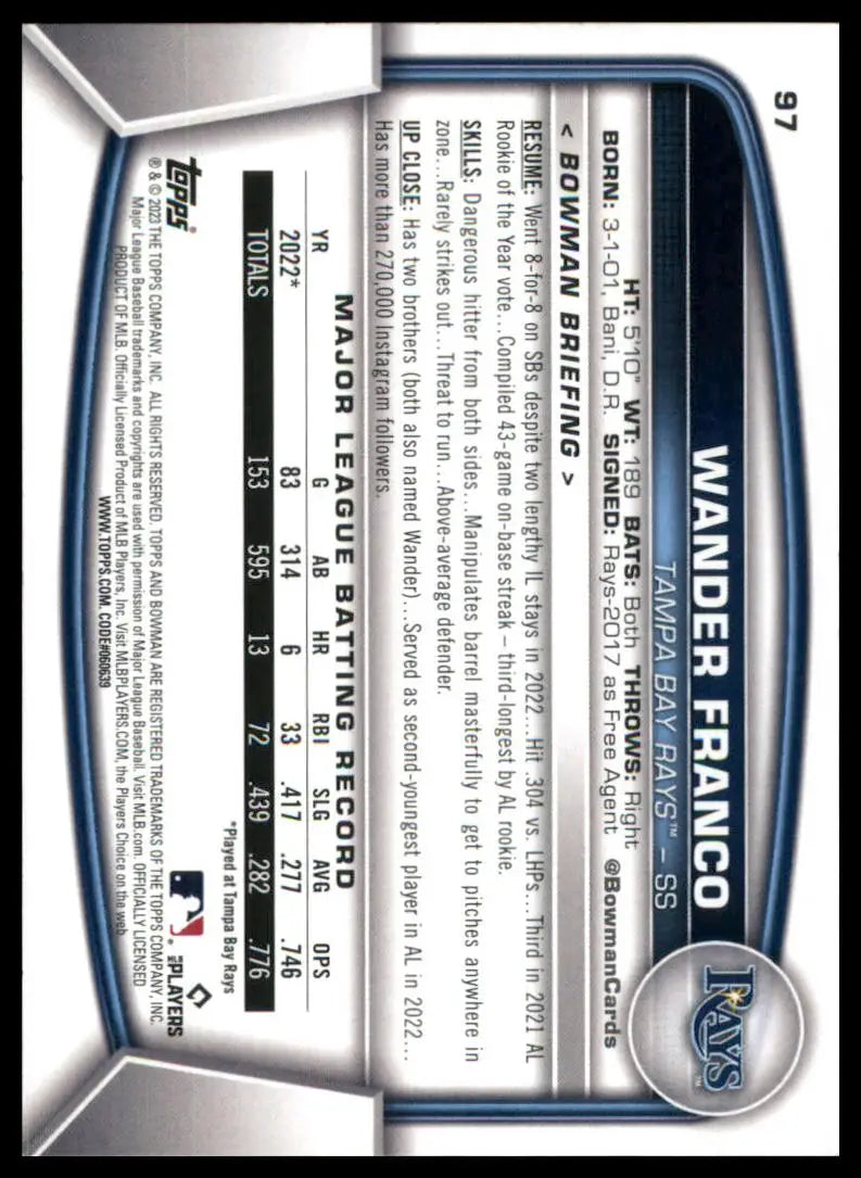 Wander Franco baseball card from the 2023 Bowman Tampa Bay Rays series