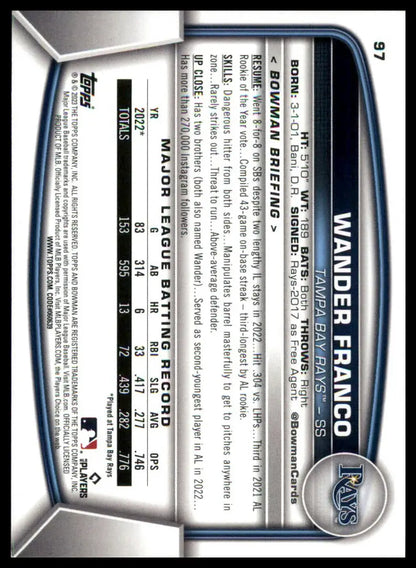 Wander Franco baseball card from 2023 Bowman Tampa Bay Rays series displayed