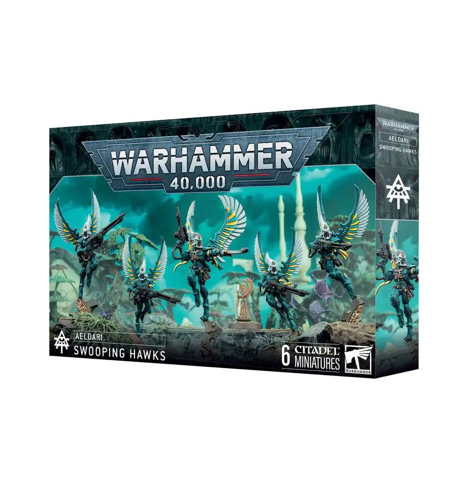 Warhammer 40k Aeldari Swooping Hawks miniatures box featuring winged warriors for tabletop gaming