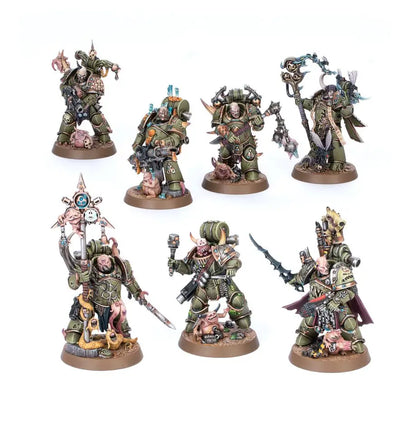Seven Warhammer 40K Death Guard miniatures from the Kill Team Starter Set
