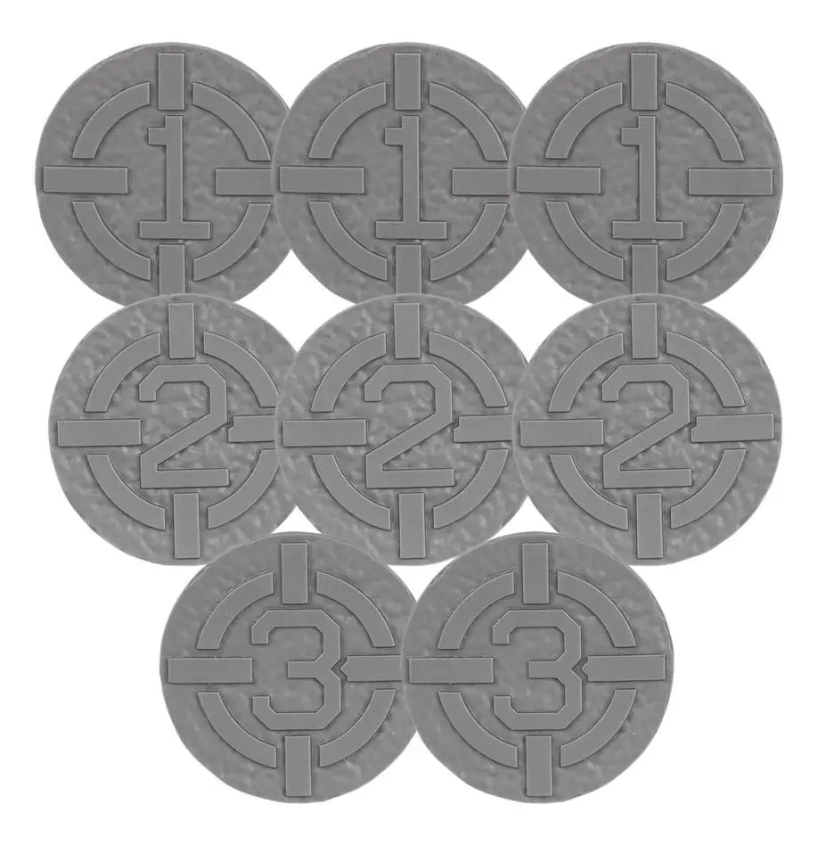 Gray tactical status tokens for Warhammer AGE OF DARKNESS game with embossed numbers