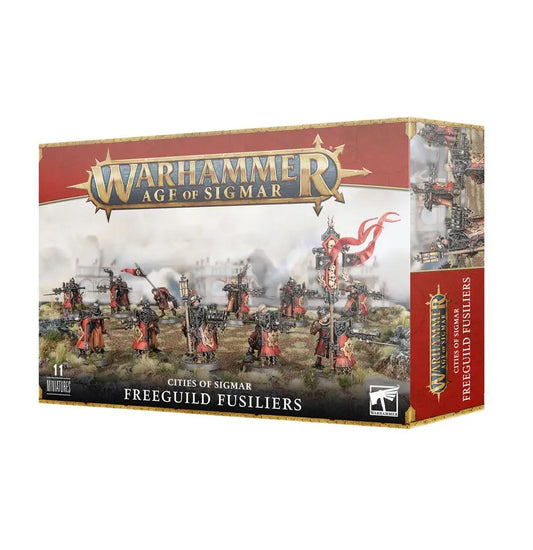 Warhammer Age of Sigmar Freeguild Fusiliers box with blackpowder squire model displayed
