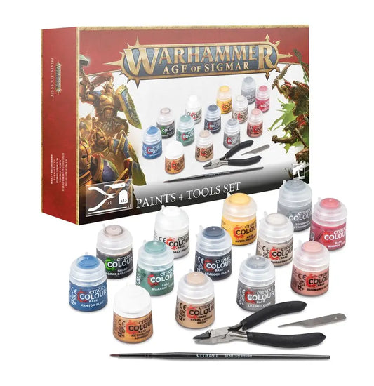 Warhammer Age of Sigmar paints and tools set for Warhammer hobby and citadel miniature painting
