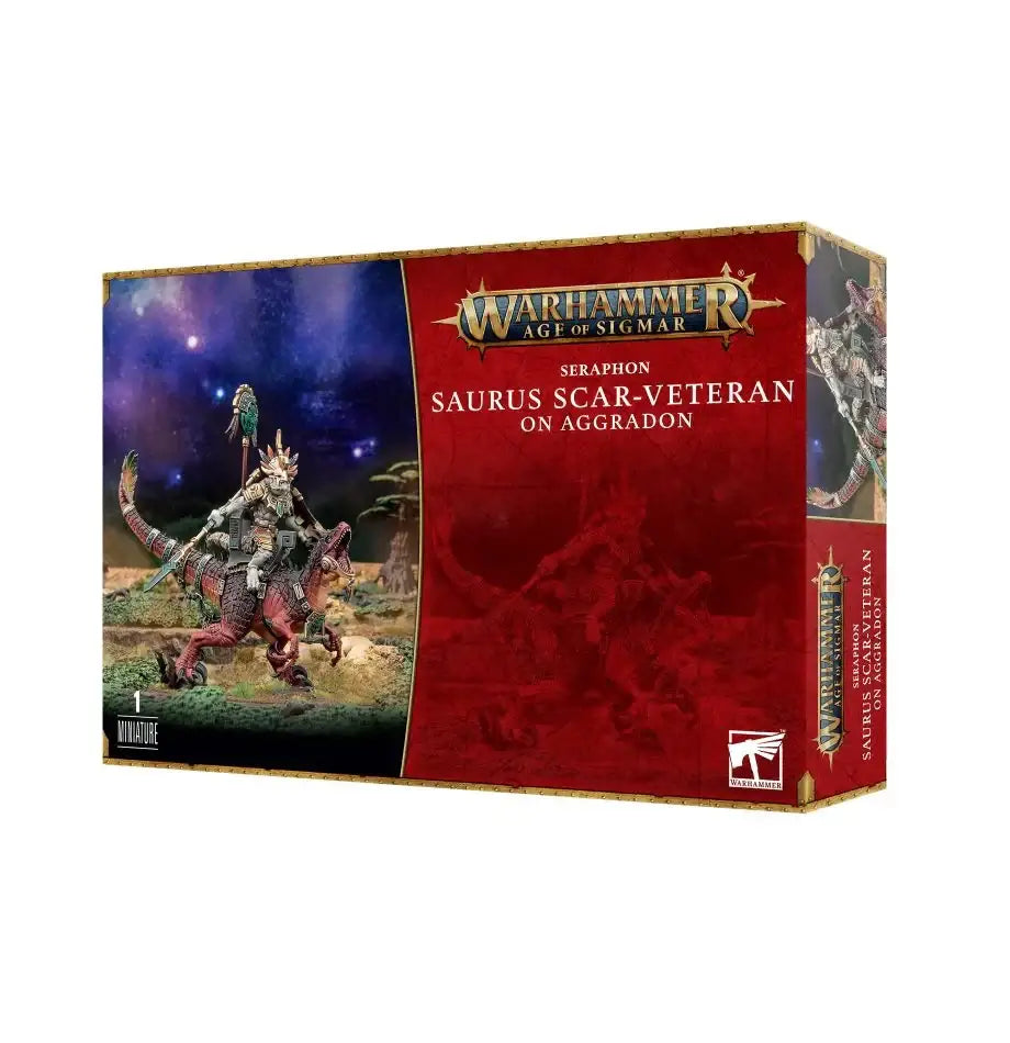 Warhammer Age of Sigmar Seraphon Saurus Scar-Veteran on Aggradon box displaying war-leader miniature