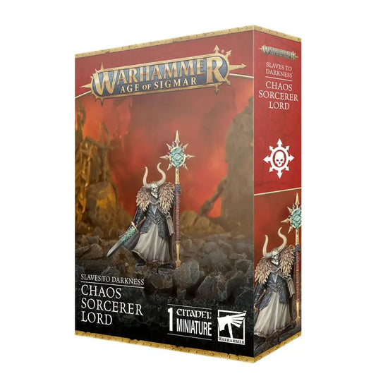 Warhammer Age of Sigmar Chaos Sorcerer Lord miniature box featuring chaos sorcerer and sorcerer lord miniatures