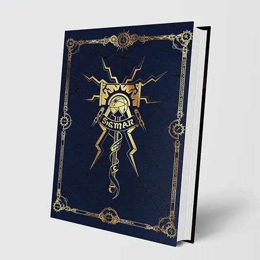 Blue and gold Sigmar book from Warhammer Age of Sigmar: Soulbound Core Rulebook for mortal realms perilous adventures