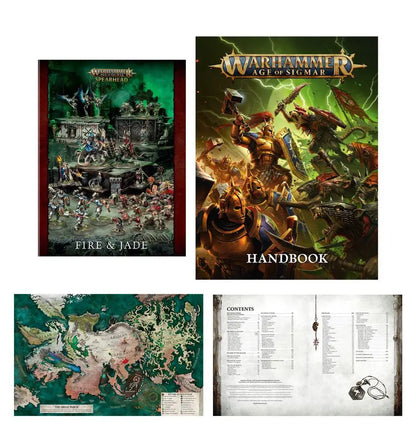 Warhammer Age of Sigmar Ultimate Starter Set with rulebooks, maps, miniature figures, and hex hole bases