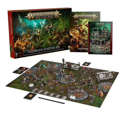 Warhammer Age of Sigmar Ultimate Starter Set with miniatures, game board, books, and accessories featuring round hex hole bases