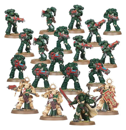 Dark Angels Combat Patrol miniature figures in dark green and cream colors for Warhammer