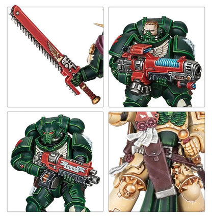 Detailed Warhammer 40,000 Dark Angels combat patrol miniatures and wargear display