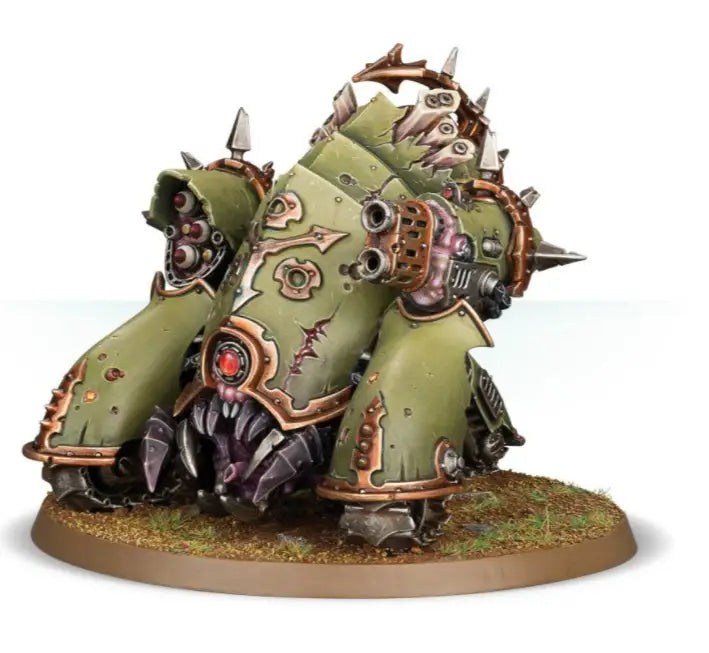 Green and brown Warhammer Death Guard Myphitic Blight-hauler model with spikes and armor