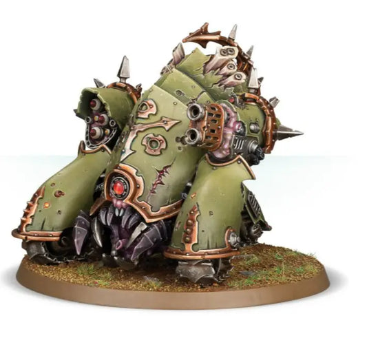 Green and brown Warhammer Death Guard Myphitic Blight-hauler model with spikes and armor