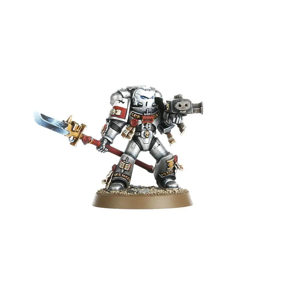 Silver and black Grey Knights miniature figure with skull helmet wielding two swords for Warhammer Grey Knights Strike Squad