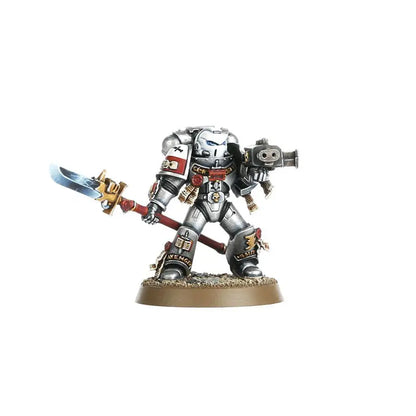 Silver and black Grey Knights miniature figure with skull helmet wielding two swords for Warhammer Grey Knights Strike Squad